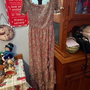 Blue Rain Floral Off-Shoulder Maxi Dress